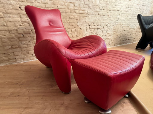 Fauteuil Leolux Balou en cuir rouge avec ottoman