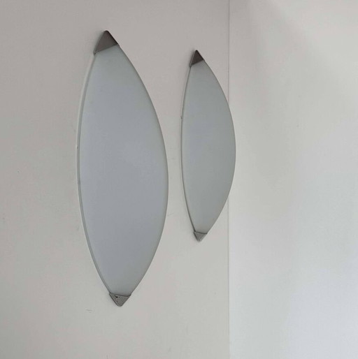 2X Chrome And Sandblasted Glass Wall Lights - Italy 1980