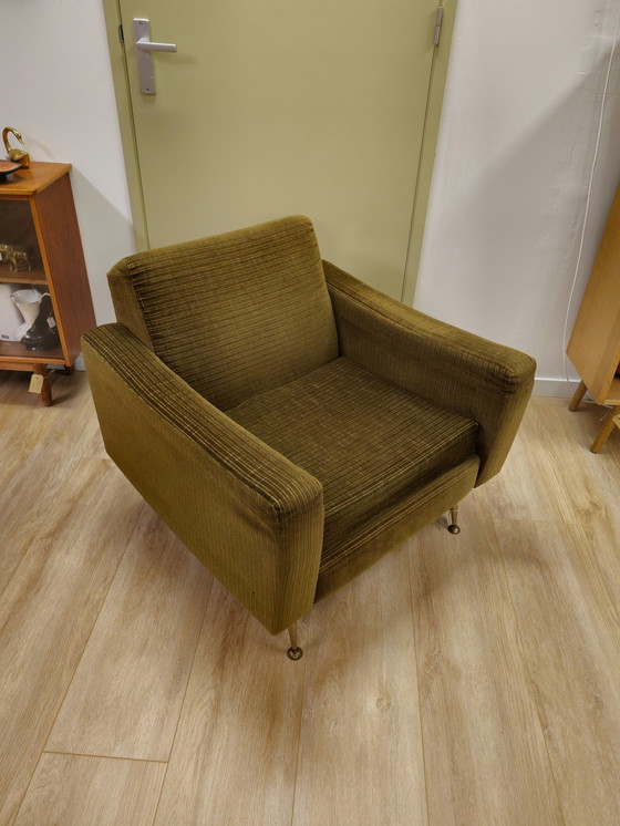 Image 1 of Vintage Armchair Chair Ribbed Fabric Green Brass