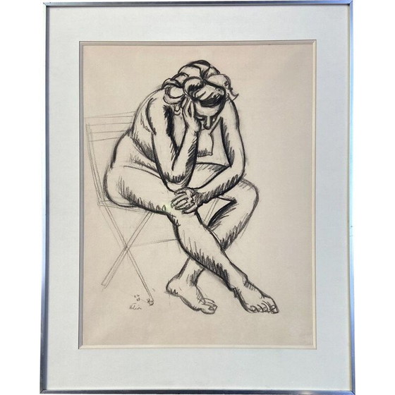 Image 1 of Vintage charcoal on laid paper "Nude with a chair" by Jean Helion
