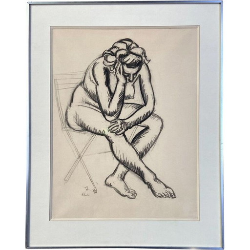 Carboncillo vintage sobre papel verjurado "Desnudo con silla" de Jean Helion