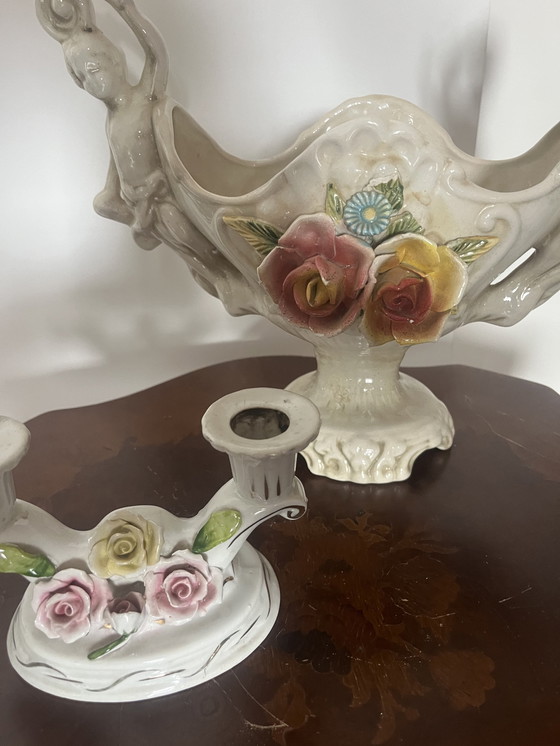 Image 1 of Antique set of candlestick and jardiniere