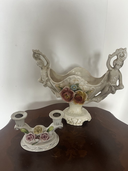 Antique set of candlestick and jardiniere