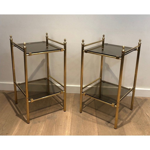 Pair of vintage brass and smoked glass sofa ends, 1940