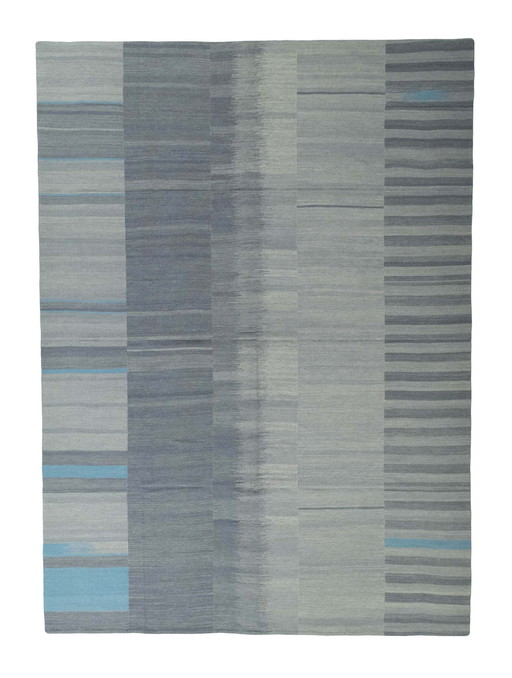 Hand-woven Designer Kilim Fars - 372 X 271 Cm - Modern Design In Shades Of Blue And Gray