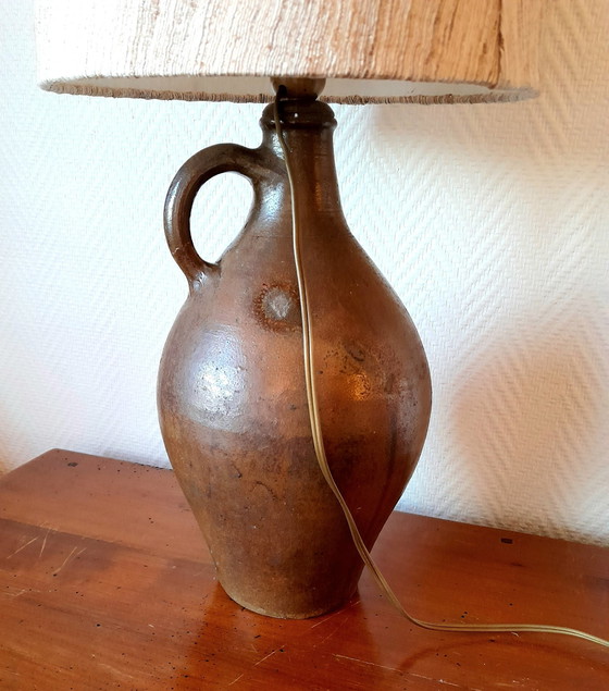 Image 1 of 1950 Pottery Jug Lamp And Linen Style Fabric Lampshade