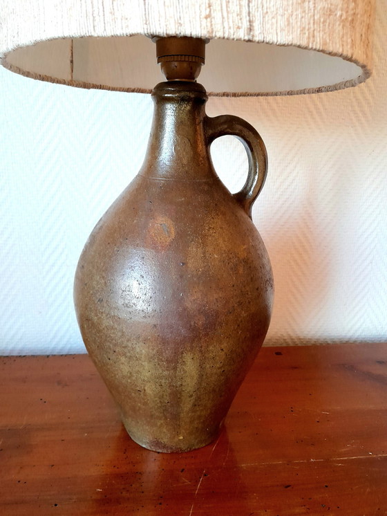 Image 1 of 1950 Pottery Jug Lamp And Linen Style Fabric Lampshade