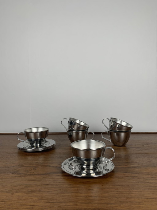 Set Of 6 Stainless Steel Coffee Cups / Saucers Npb Italy, 1980