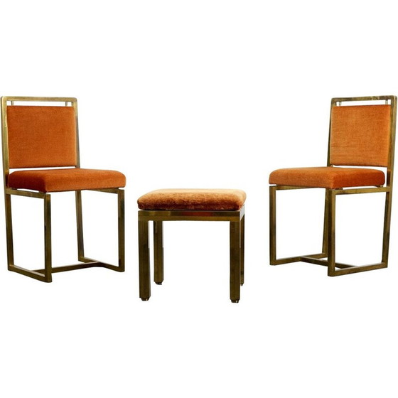 Image 1 of Set of 3 vintage chairs and pouf in orange velvet, France 1970