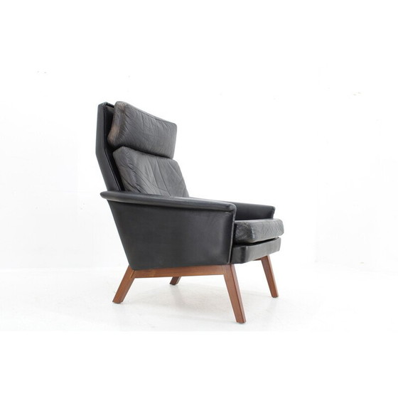 Image 1 of Vintage high-back armchair in leather and teak, Denmark 1970