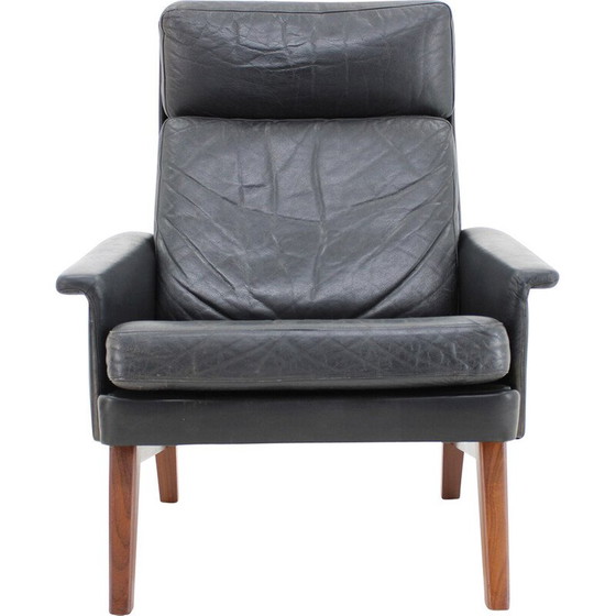 Image 1 of Vintage high-back armchair in leather and teak, Denmark 1970