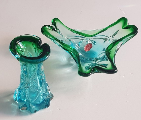 Image 1 of 2X Vintage Blue And Green Murano Glass Vase And Bowl