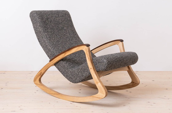 Image 1 of Vintage Rocking Chair, Czechoslovakia, 1950S, Reupholstered In Charcoal Grey Boucle