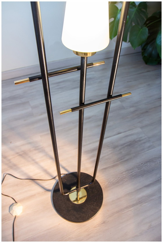 Image 1 of 3-Light Floor Lamp, Brass And Opaline, Arlus Edition 1950