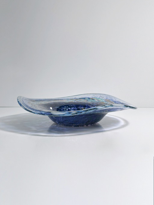 Vintage Bohemian Vase Bowl Fruit Bowl 1980s Swirl Glass Blue Heavy Cz Space Age Sputnik Galaxy