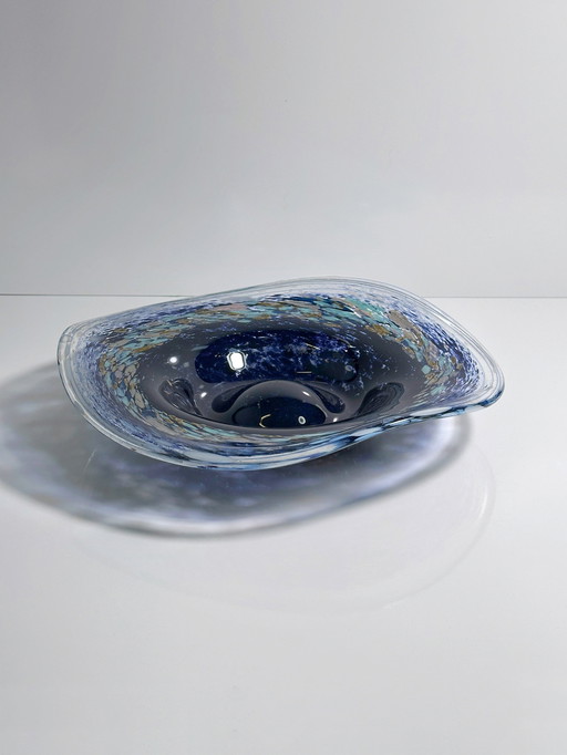Vintage Bohemian Vase Bowl Fruit Bowl 1980s Swirl Glass Blue Heavy Cz Space Age Sputnik Galaxy