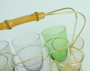 set of 6 mid century glasses in a brass holder with bamboo handle 1950s