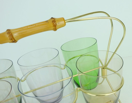 set of 6 mid century glasses in a brass holder with bamboo handle 1950s