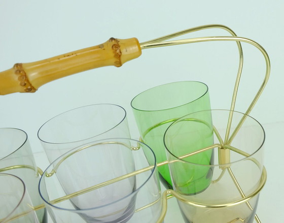 Image 1 of set of 6 mid century glasses in a brass holder with bamboo handle 1950s