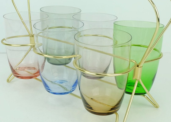 Image 1 of set of 6 mid century glasses in a brass holder with bamboo handle 1950s