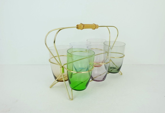 Image 1 of set of 6 mid century glasses in a brass holder with bamboo handle 1950s