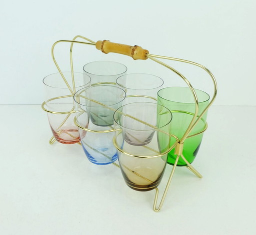 set of 6 mid century glasses in a brass holder with bamboo handle 1950s