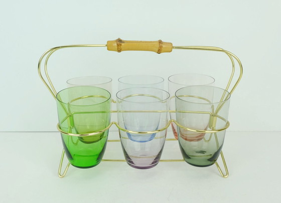 Image 1 of set of 6 mid century glasses in a brass holder with bamboo handle 1950s