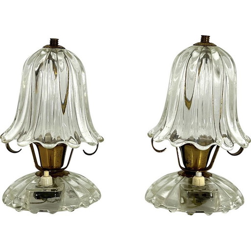 Pair of vintage Murano glass and brass table lamps by Ercole Barovier, 1940