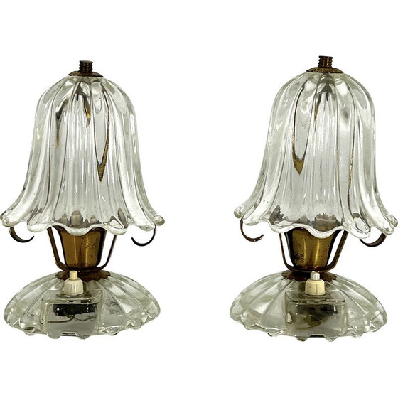 Image 1 of Coppia di lampade da tavolo vintage in vetro di Murano e ottone di Ercole Barovier, 1940