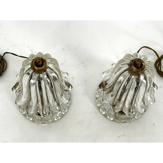 Image 1 of Coppia di lampade da tavolo vintage in vetro di Murano e ottone di Ercole Barovier, 1940