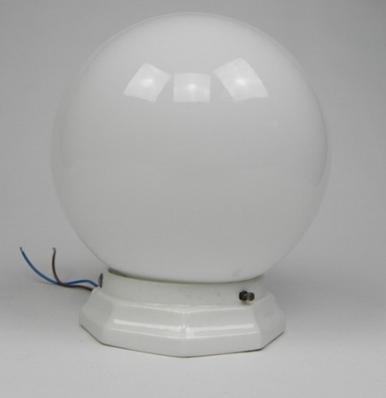 Image 1 of Art deco ceiling lamp with round glass ball and porcelain fixture