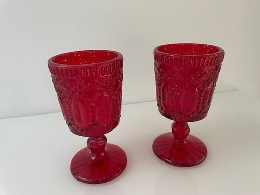 2 Bright Red Goblet/Wine Glasses With Baroque Decorations/Motifs