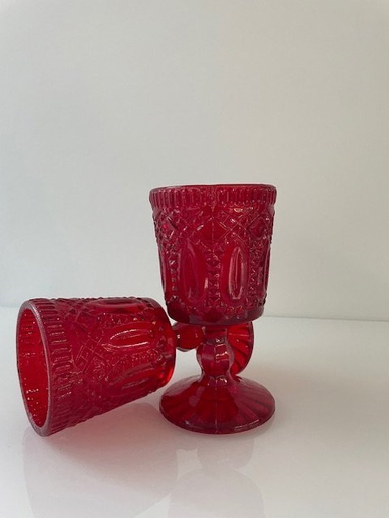 Image 1 of 2 Bright Red Goblet/Wine Glasses With Baroque Decorations/Motifs