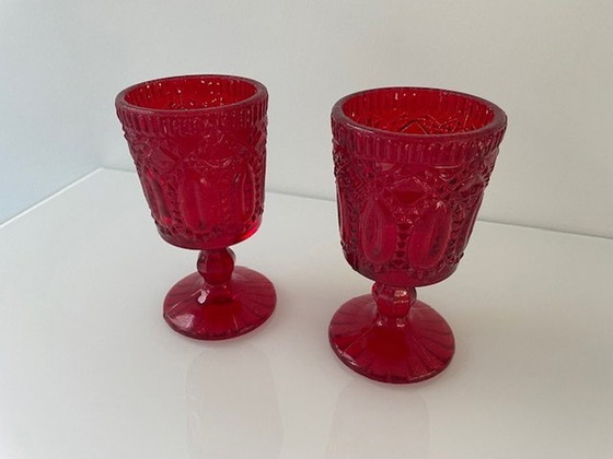 Image 1 of 2 Bright Red Goblet/Wine Glasses With Baroque Decorations/Motifs