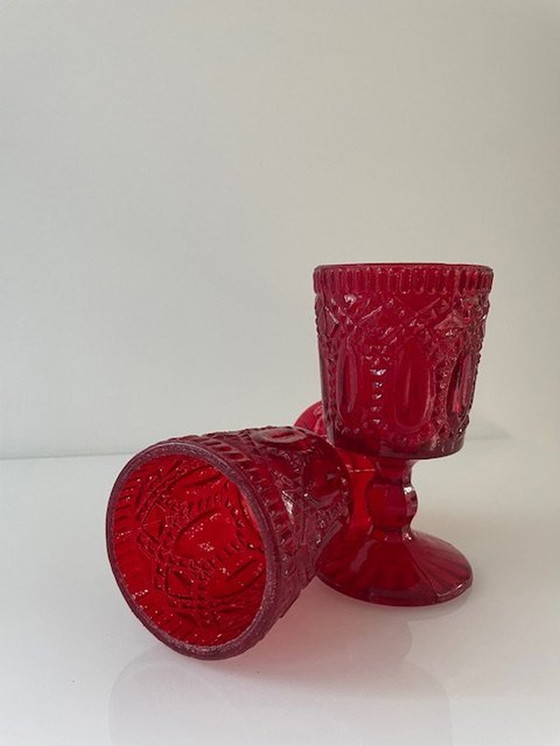 Image 1 of 2 Bright Red Goblet/Wine Glasses With Baroque Decorations/Motifs