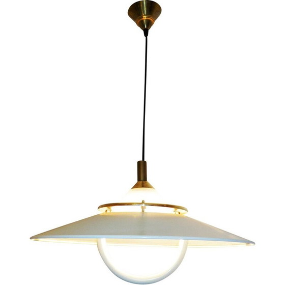 Image 1 of Lampada a sospensione vintage in metallo bianco, ottone e vetro, 1960