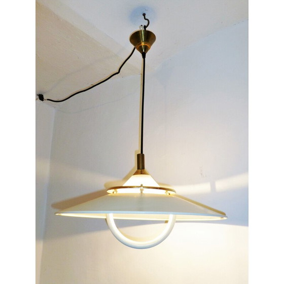 Image 1 of Lampada a sospensione vintage in metallo bianco, ottone e vetro, 1960