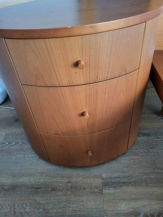 Image 1 of Cherry wood bed with two oval nightstands and matching lamps