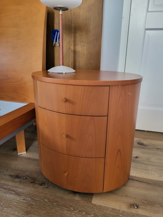 Image 1 of Cherry wood bed with two oval nightstands and matching lamps