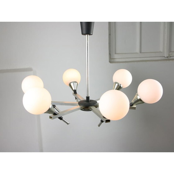 Image 1 of Italian vintage Space-age aluminum and opaline glass chandelier