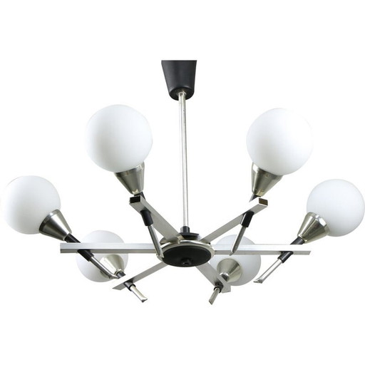 Italian vintage Space-age aluminum and opaline glass chandelier