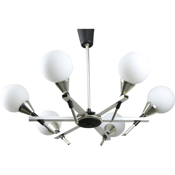 Image 1 of Italian vintage Space-age aluminum and opaline glass chandelier