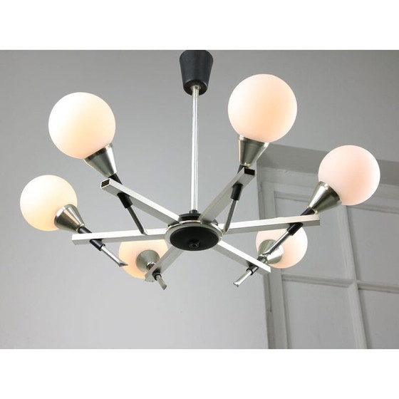 Image 1 of Italian vintage Space-age aluminum and opaline glass chandelier