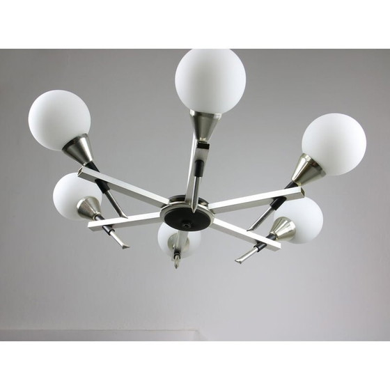 Image 1 of Italian vintage Space-age aluminum and opaline glass chandelier
