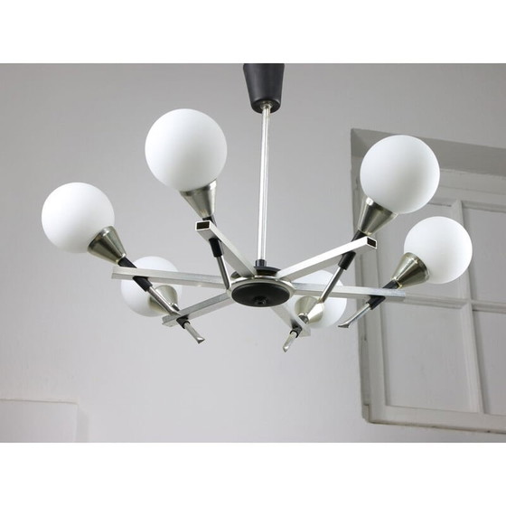 Image 1 of Italian vintage Space-age aluminum and opaline glass chandelier