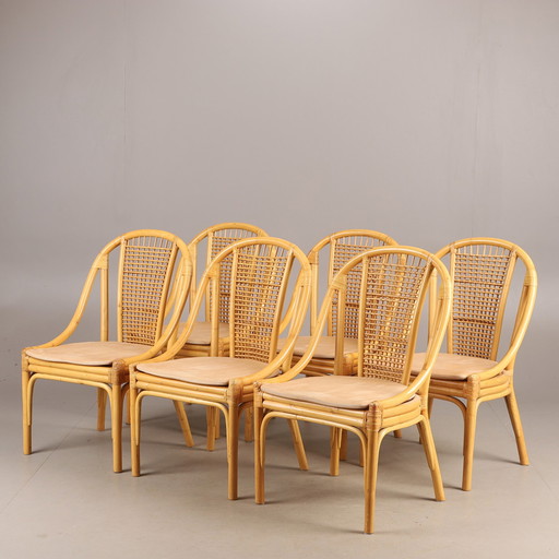 6x Chaises rotin de DUX coussins cuir amovibles 1960