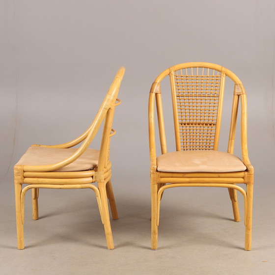 Image 1 of 6x Chaises rotin de DUX coussins cuir amovibles 1960