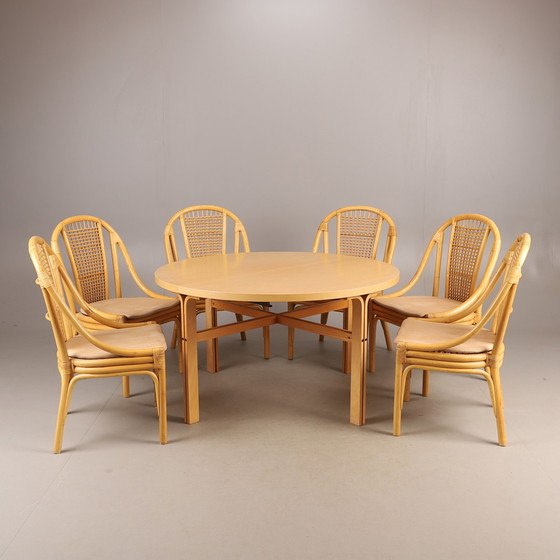 Image 1 of 6x Chaises rotin de DUX coussins cuir amovibles 1960