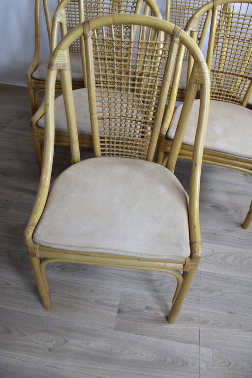 6x Chaises rotin de DUX coussins cuir amovibles 1960