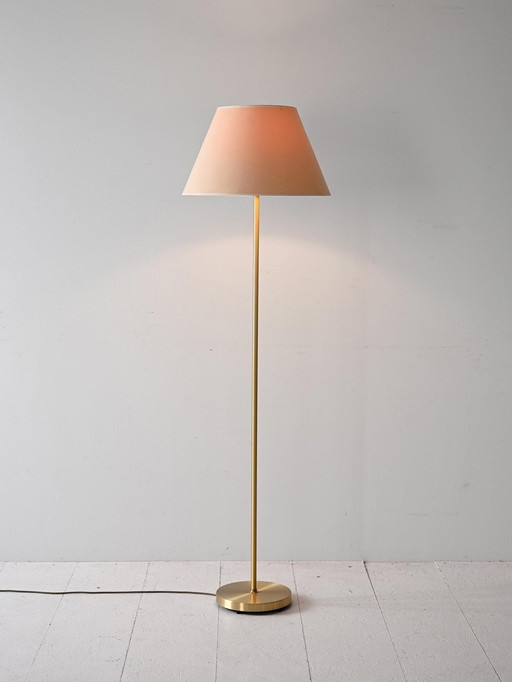 Vintage Scandinavian Floor Lamp With Gold Metal Stem And Fabric Shade